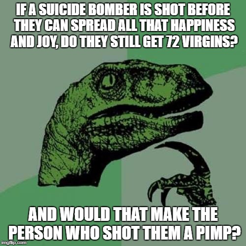 Philosoraptor Meme | IF A SUICIDE BOMBER IS SHOT BEFORE THEY CAN SPREAD ALL THAT HAPPINESS AND JOY, DO THEY STILL GET 72 VIRGINS? AND WOULD THAT MAKE THE PERSON WHO SHOT THEM A PIMP? | image tagged in memes,philosoraptor | made w/ Imgflip meme maker