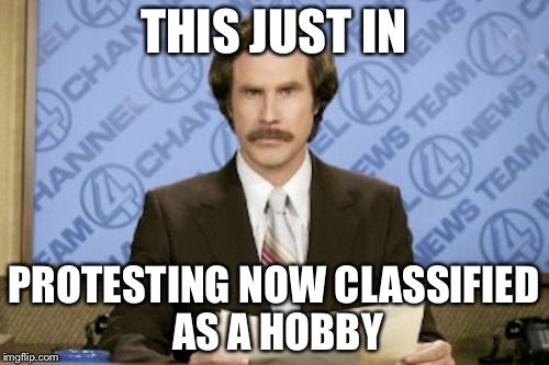 Ron Burgundy | THIS JUST IN; PROTESTING NOW CLASSIFIED AS A HOBBY | image tagged in memes,ron burgundy | made w/ Imgflip meme maker