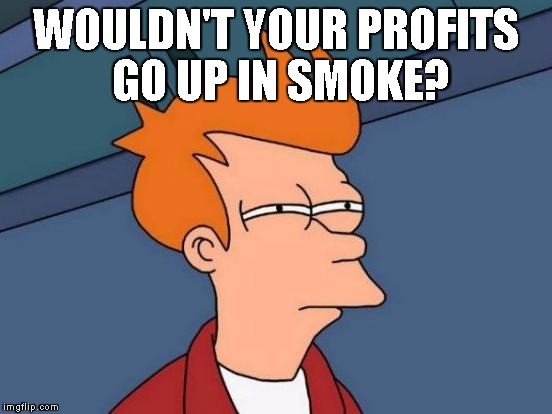 Futurama Fry Meme | WOULDN'T YOUR PROFITS GO UP IN SMOKE? | image tagged in memes,futurama fry | made w/ Imgflip meme maker