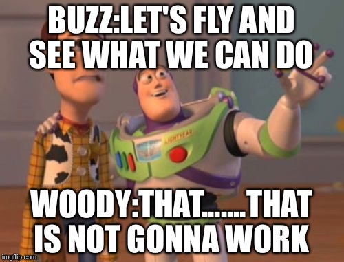 X, X Everywhere Meme | BUZZ:LET'S FLY AND SEE WHAT WE CAN DO; WOODY:THAT.......THAT IS NOT GONNA WORK | image tagged in memes,x x everywhere | made w/ Imgflip meme maker