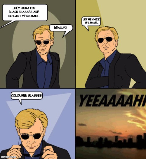 Sunglasses-Yyyeeaaahhh | ...HEY HORATIO BLACK GLASSES ARE SO LAST YEAR MAN... LET ME CHECK IF I HAVE... REALLY?! COLOURED GLASSES! | image tagged in sunglasses-yyyeeaaahhh | made w/ Imgflip meme maker