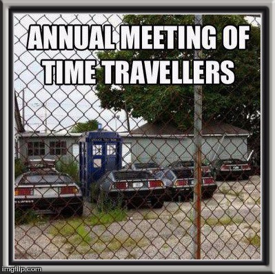 Look at all those deloreans! 
 | . | image tagged in back to the future,time traveler meeting | made w/ Imgflip meme maker