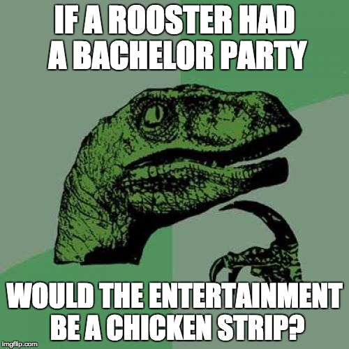 Philosoraptor | IF A ROOSTER HAD A BACHELOR PARTY; WOULD THE ENTERTAINMENT BE A CHICKEN STRIP? | image tagged in memes,philosoraptor | made w/ Imgflip meme maker