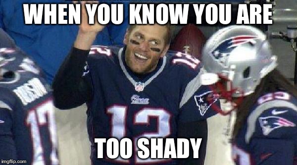 Left Tom Brady Hanging | WHEN YOU KNOW YOU ARE; TOO SHADY | image tagged in left tom brady hanging | made w/ Imgflip meme maker