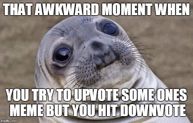 Awkward Moment Sealion Meme | THAT AWKWARD MOMENT WHEN; YOU TRY TO UPVOTE SOME ONES MEME BUT YOU HIT DOWNVOTE | image tagged in memes,awkward moment sealion | made w/ Imgflip meme maker