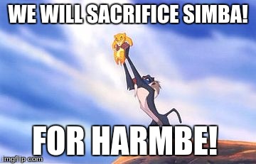 Sacrifice Simba  | WE WILL SACRIFICE SIMBA! FOR HARMBE! | image tagged in sacrifice simba | made w/ Imgflip meme maker