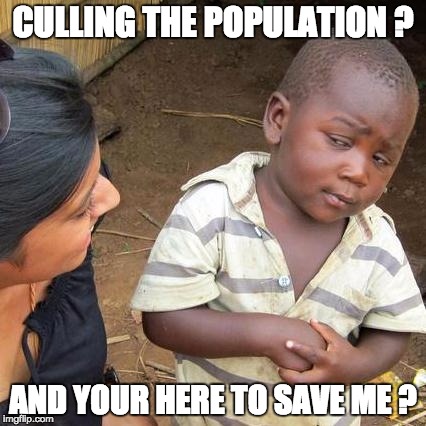 Third World Skeptical Kid Meme | CULLING THE POPULATION ? AND YOUR HERE TO SAVE ME ? | image tagged in memes,third world skeptical kid | made w/ Imgflip meme maker