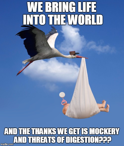 WE BRING LIFE INTO THE WORLD AND THE THANKS WE GET IS MOCKERY AND THREATS OF DIGESTION??? | made w/ Imgflip meme maker