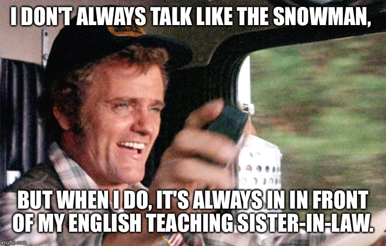 Jerry Reed | I DON'T ALWAYS TALK LIKE THE SNOWMAN, BUT WHEN I DO, IT'S ALWAYS IN IN FRONT OF MY ENGLISH TEACHING SISTER-IN-LAW. | image tagged in philosopher,trucker | made w/ Imgflip meme maker