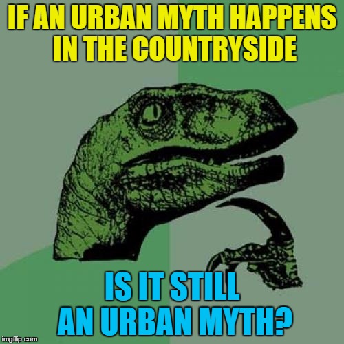 Maybe the countryside is a myth... :) | IF AN URBAN MYTH HAPPENS IN THE COUNTRYSIDE; IS IT STILL AN URBAN MYTH? | image tagged in memes,philosoraptor,urban myths,myths,legends,tall tales | made w/ Imgflip meme maker