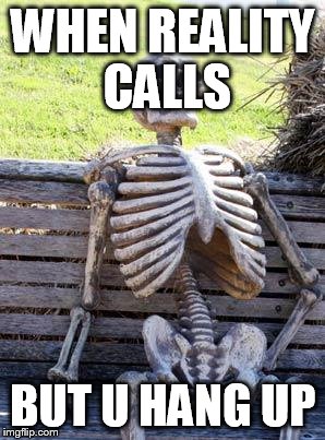 Waiting Skeleton Meme | WHEN REALITY CALLS; BUT U HANG UP | image tagged in memes,waiting skeleton | made w/ Imgflip meme maker