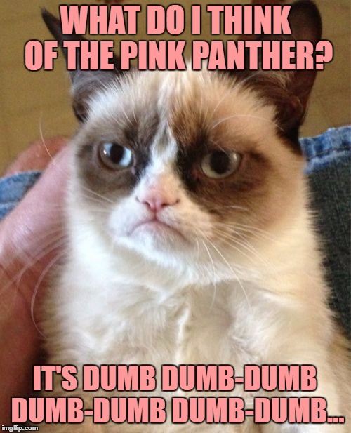 So now you've seen the meme - the rinkydink meme... | WHAT DO I THINK OF THE PINK PANTHER? IT'S DUMB DUMB-DUMB DUMB-DUMB DUMB-DUMB... | image tagged in memes,grumpy cat,pink panther,cartoons,henry mancini,music | made w/ Imgflip meme maker