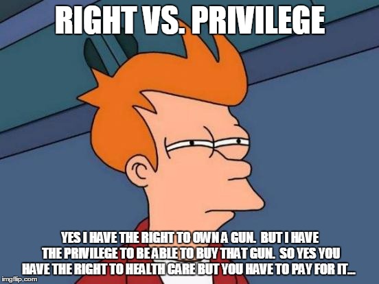 Futurama Fry Meme | RIGHT VS. PRIVILEGE; YES I HAVE THE RIGHT TO OWN A GUN.  BUT I HAVE THE PRIVILEGE TO BE ABLE TO BUY THAT GUN.  SO YES YOU HAVE THE RIGHT TO HEALTH CARE BUT YOU HAVE TO PAY FOR IT… | image tagged in memes,futurama fry | made w/ Imgflip meme maker