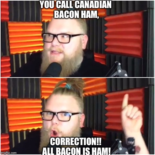 The Correction | YOU CALL CANADIAN BACON HAM, CORRECTION!! ALL BACON IS HAM! | image tagged in correction | made w/ Imgflip meme maker