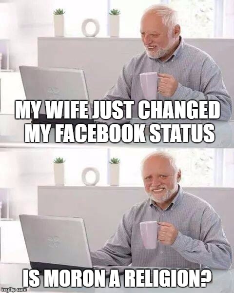 Hide the Pain Harold Meme | MY WIFE JUST CHANGED MY FACEBOOK STATUS; IS MORON A RELIGION? | image tagged in memes,hide the pain harold | made w/ Imgflip meme maker