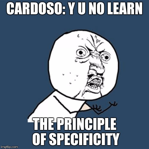 Y U No | CARDOSO: Y U NO LEARN; THE PRINCIPLE OF SPECIFICITY | image tagged in memes,y u no | made w/ Imgflip meme maker