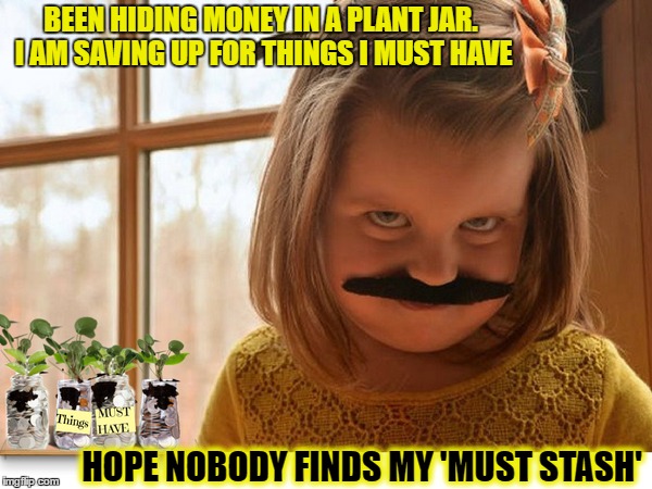 Take a penny save a penny  | BEEN HIDING MONEY IN A PLANT JAR. I AM SAVING UP FOR THINGS I MUST HAVE; HOPE NOBODY FINDS MY 'MUST STASH' | image tagged in coins,mustache,memes,funny,kids | made w/ Imgflip meme maker