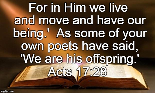 Bible  | For in Him we live and move and have our being.'
 As some of your own poets have said, 'We are his offspring.' Acts 17:28 | image tagged in bible | made w/ Imgflip meme maker