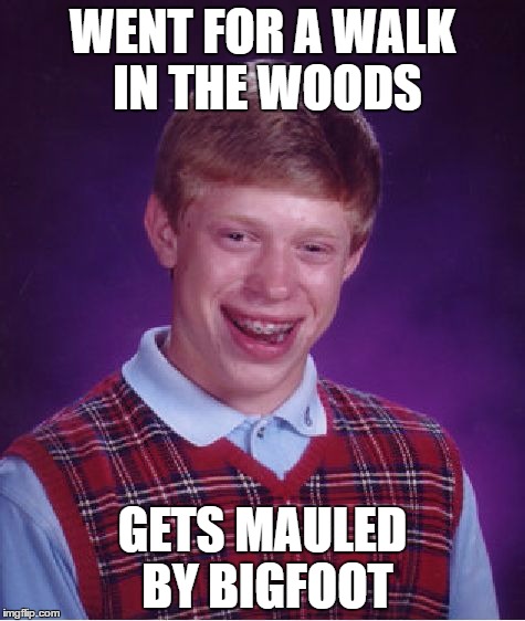 Bad Luck Brian | WENT FOR A WALK IN THE WOODS; GETS MAULED BY BIGFOOT | image tagged in memes,bad luck brian | made w/ Imgflip meme maker