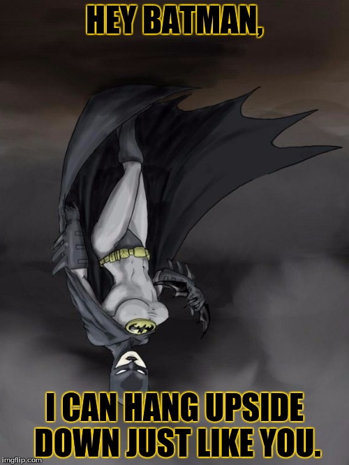 Batgirlfriend | HEY BATMAN, I CAN HANG UPSIDE DOWN JUST LIKE YOU. | image tagged in batgirlfriend | made w/ Imgflip meme maker