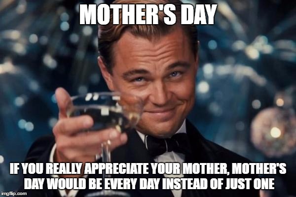 Leonardo Dicaprio Cheers | MOTHER'S DAY; IF YOU REALLY APPRECIATE YOUR MOTHER, MOTHER'S DAY WOULD BE EVERY DAY INSTEAD OF JUST ONE | image tagged in memes,leonardo dicaprio cheers | made w/ Imgflip meme maker