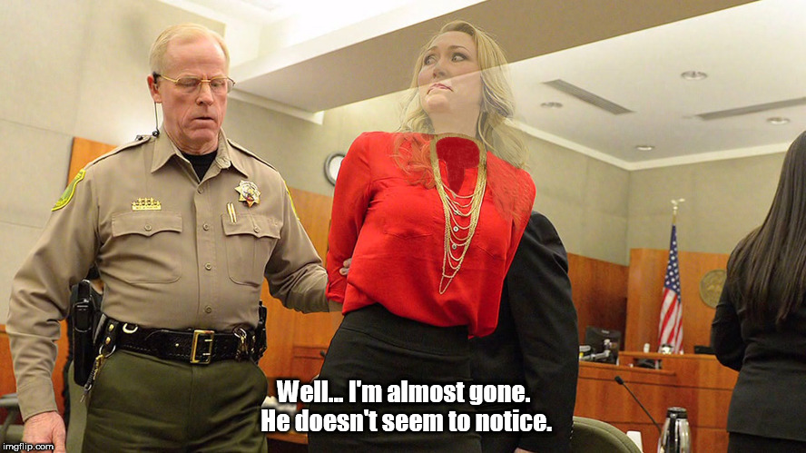 Well... I'm almost gone. He doesn't seem to notice. | image tagged in invisible woman on trial | made w/ Imgflip meme maker