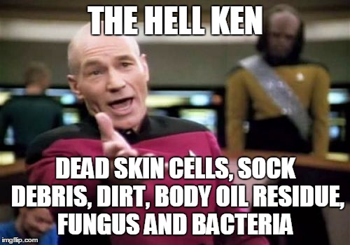 Picard Wtf Meme | THE HELL KEN DEAD SKIN CELLS, SOCK DEBRIS, DIRT, BODY OIL RESIDUE, FUNGUS AND BACTERIA | image tagged in memes,picard wtf | made w/ Imgflip meme maker