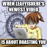 Anime wall punch | WHEN LEAFYISHERE'S NEWEST VIDEO; IS ABOUT ROASTING YOU | image tagged in anime wall punch | made w/ Imgflip meme maker