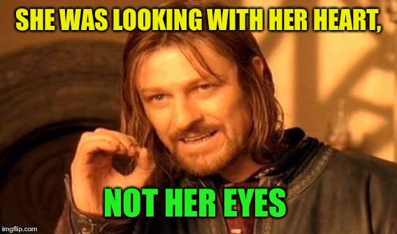 One Does Not Simply Meme | SHE WAS LOOKING WITH HER HEART, NOT HER EYES | image tagged in memes,one does not simply | made w/ Imgflip meme maker