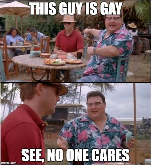 See Nobody Cares Meme | THIS GUY IS GAY; SEE, NO ONE CARES | image tagged in memes,see nobody cares | made w/ Imgflip meme maker