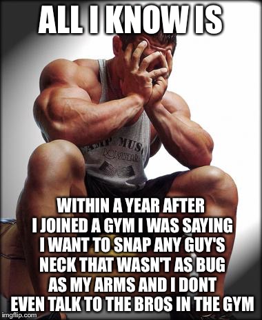 ALL I KNOW IS WITHIN A YEAR AFTER I JOINED A GYM I WAS SAYING I WANT TO SNAP ANY GUY'S NECK THAT WASN'T AS BUG AS MY ARMS AND I DONT EVEN TA | made w/ Imgflip meme maker