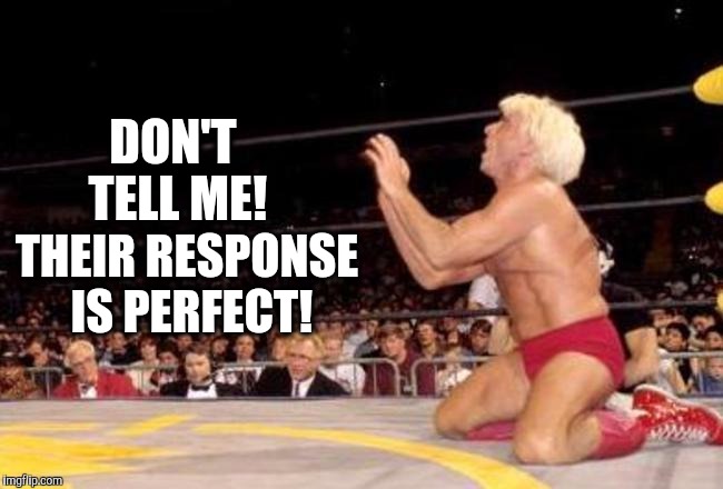 Douchebag A did X. Douchebag B's response... | DON'T TELL ME! THEIR RESPONSE IS PERFECT! | image tagged in memes,ric flair,clickbait | made w/ Imgflip meme maker