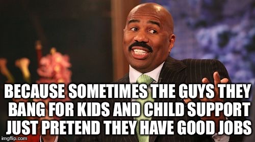 Steve Harvey Meme | BECAUSE SOMETIMES THE GUYS THEY BANG FOR KIDS AND CHILD SUPPORT JUST PRETEND THEY HAVE GOOD JOBS | image tagged in memes,steve harvey | made w/ Imgflip meme maker