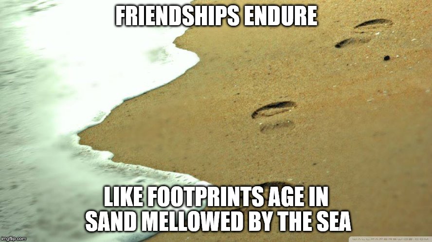 FRIENDSHIPS ENDURE; LIKE FOOTPRINTS AGE IN SAND MELLOWED BY THE SEA | image tagged in footsteps | made w/ Imgflip meme maker