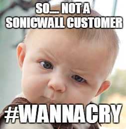 Skeptical Baby Meme | SO.... NOT A SONICWALL CUSTOMER; #WANNACRY | image tagged in memes,skeptical baby | made w/ Imgflip meme maker