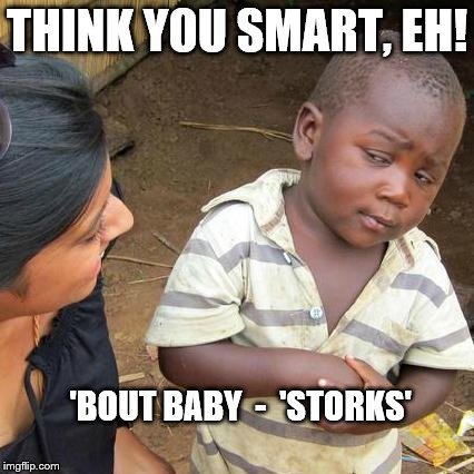 Kids | THINK YOU SMART, EH! 'BOUT BABY  -  'STORKS' | image tagged in smart kid,baby,skeptical baby,thinking faces | made w/ Imgflip meme maker