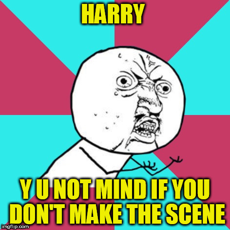Check out guitar George, he knows all the chords! | HARRY; Y U NOT MIND IF YOU DON'T MAKE THE SCENE | image tagged in y u no music | made w/ Imgflip meme maker
