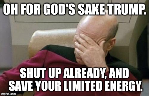 Trump Shut Up And Save Limited Energy | OH FOR GOD'S SAKE TRUMP. SHUT UP ALREADY, AND SAVE YOUR LIMITED ENERGY. | image tagged in memes,captain picard facepalm,donald trump,limited energy,fat cats exercise | made w/ Imgflip meme maker