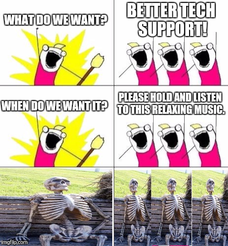 Legend has it... they're STILL waiting | WHAT DO WE WANT? BETTER TECH SUPPORT! PLEASE HOLD AND LISTEN TO THIS RELAXING MUSIC. WHEN DO WE WANT IT? | image tagged in memes,what do we want 3 | made w/ Imgflip meme maker