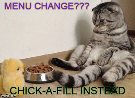 Pewdipie | MENU CHANGE??? CHICK-A-FILL INSTEAD | image tagged in witty pets,pets,secret life of pets - snowball 3,grumpy cat,cats | made w/ Imgflip meme maker