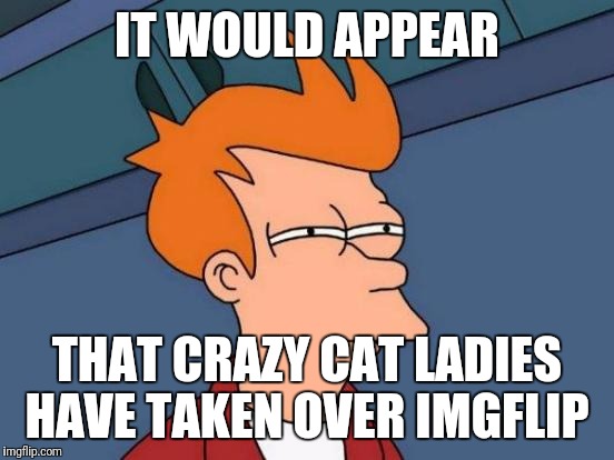Is it just me?  | IT WOULD APPEAR; THAT CRAZY CAT LADIES HAVE TAKEN OVER IMGFLIP | image tagged in memes,futurama fry,crazy cat lady | made w/ Imgflip meme maker