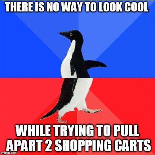 Socially Awkward Awesome Penguin Meme | THERE IS NO WAY TO LOOK COOL; WHILE TRYING TO PULL APART 2 SHOPPING CARTS | image tagged in memes,socially awkward awesome penguin | made w/ Imgflip meme maker