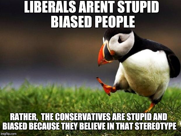 Unpopular Opinion Puffin | LIBERALS ARENT
STUPID BIASED PEOPLE; RATHER,  THE CONSERVATIVES ARE STUPID AND BIASED BECAUSE THEY BELIEVE IN THAT STEREOTYPE | image tagged in memes,unpopular opinion puffin | made w/ Imgflip meme maker