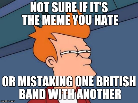 Futurama Fry Meme | NOT SURE IF IT'S THE MEME YOU HATE OR MISTAKING ONE BRITISH BAND WITH ANOTHER | image tagged in memes,futurama fry | made w/ Imgflip meme maker