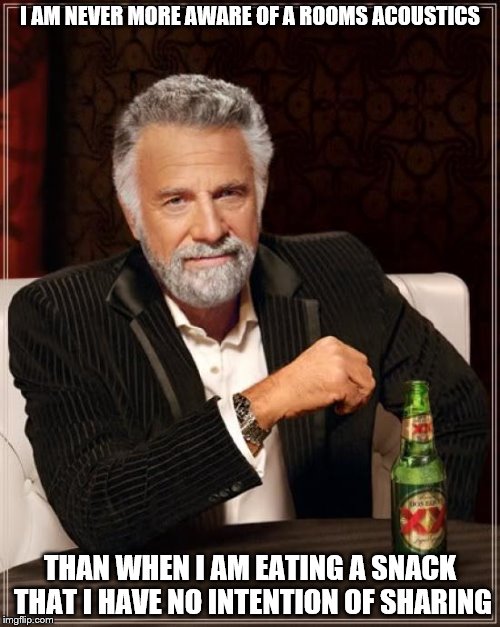 The Most Interesting Man In The World | I AM NEVER MORE AWARE OF A ROOMS ACOUSTICS; THAN WHEN I AM EATING A SNACK THAT I HAVE NO INTENTION OF SHARING | image tagged in memes,the most interesting man in the world | made w/ Imgflip meme maker