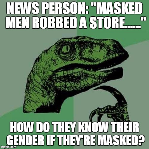 Philosoraptor | NEWS PERSON: "MASKED MEN ROBBED A STORE......"; HOW DO THEY KNOW THEIR GENDER IF THEY'RE MASKED? | image tagged in memes,philosoraptor,fake news,robbery | made w/ Imgflip meme maker