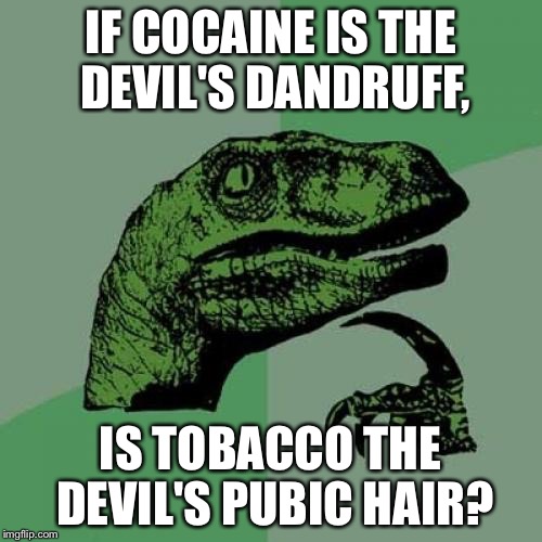 Philosoraptor | IF COCAINE IS THE DEVIL'S DANDRUFF, IS TOBACCO THE DEVIL'S PUBIC HAIR? | image tagged in memes,philosoraptor | made w/ Imgflip meme maker