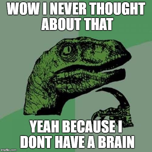 Philosoraptor | WOW I NEVER THOUGHT ABOUT THAT; YEAH BECAUSE I DONT HAVE A BRAIN | image tagged in memes,philosoraptor | made w/ Imgflip meme maker