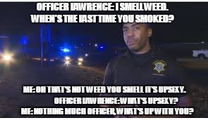 And that's how I got tased | OFFICER LAWRENCE: I SMELL WEED. WHEN'S THE LAST TIME YOU SMOKED? ME: OH THAT'S NOT WEED YOU SMELL IT'S UPSEXY.                  OFFICER LAWRENCE: WHAT'S UPSEXY?          ME: NOTHING MUCH OFFICER, WHAT'S UP WITH YOU? | image tagged in police,live pd,ae,officer kevin lawrence | made w/ Imgflip meme maker