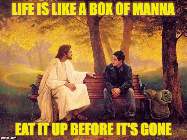 Jesus_Talks | LIFE IS LIKE A BOX OF MANNA; EAT IT UP BEFORE IT'S GONE | image tagged in jesus_talks,forest gump,get a life,lol so funny,memes,religious humor | made w/ Imgflip meme maker